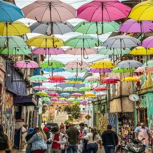 Image by gabiguillen titled ’umbrellas, road, people’. Source: Pixabay