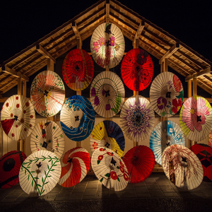Image by DeltaWorks titled ’japanese umbrellas, parasols, illuminated’. Source: Pixabay